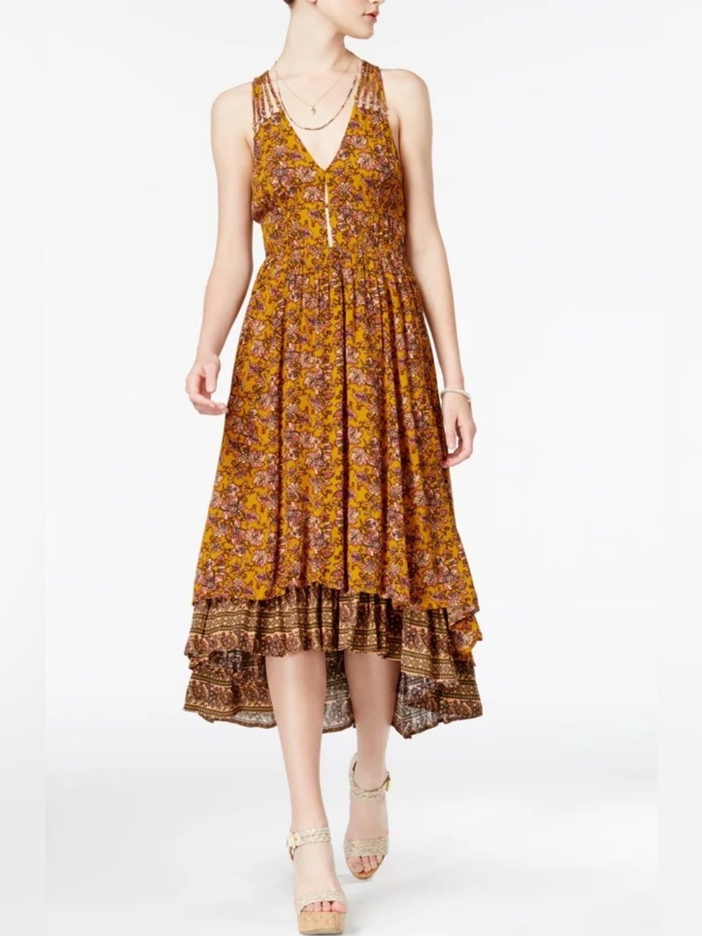 American Rag Mustard Floral V-Neck High-Low Dress